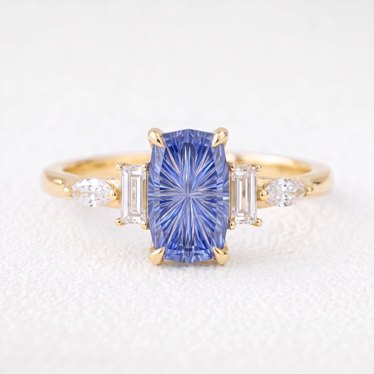 Rosalind’s Cerulean | Elongated Cushion Fantasy-Cut Cornflower Sapphire Engagement Ring