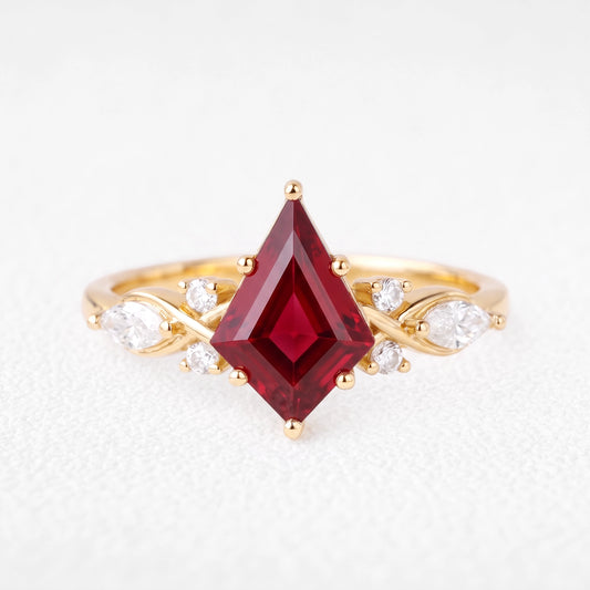 Aphrodite’s Pomegranate | Kite-Cut Ruby Foliage Engagement Ring