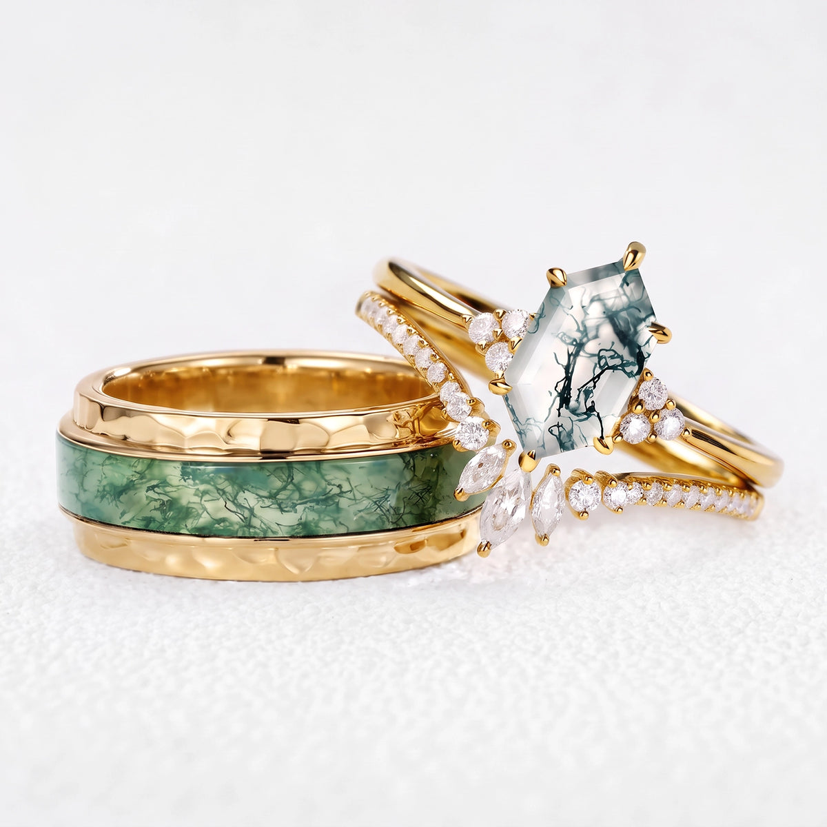 Genevieve’s Harmony | Luxurious Hexagon Moss Agate Bridal Set & 8MM Moss Inlay Band Couple Ring Set 3pcs
