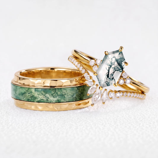 Genevieve’s Harmony | Luxurious Hexagon Moss Agate Bridal Set & 8MM Moss Inlay Band Couple Ring Set 3pcs