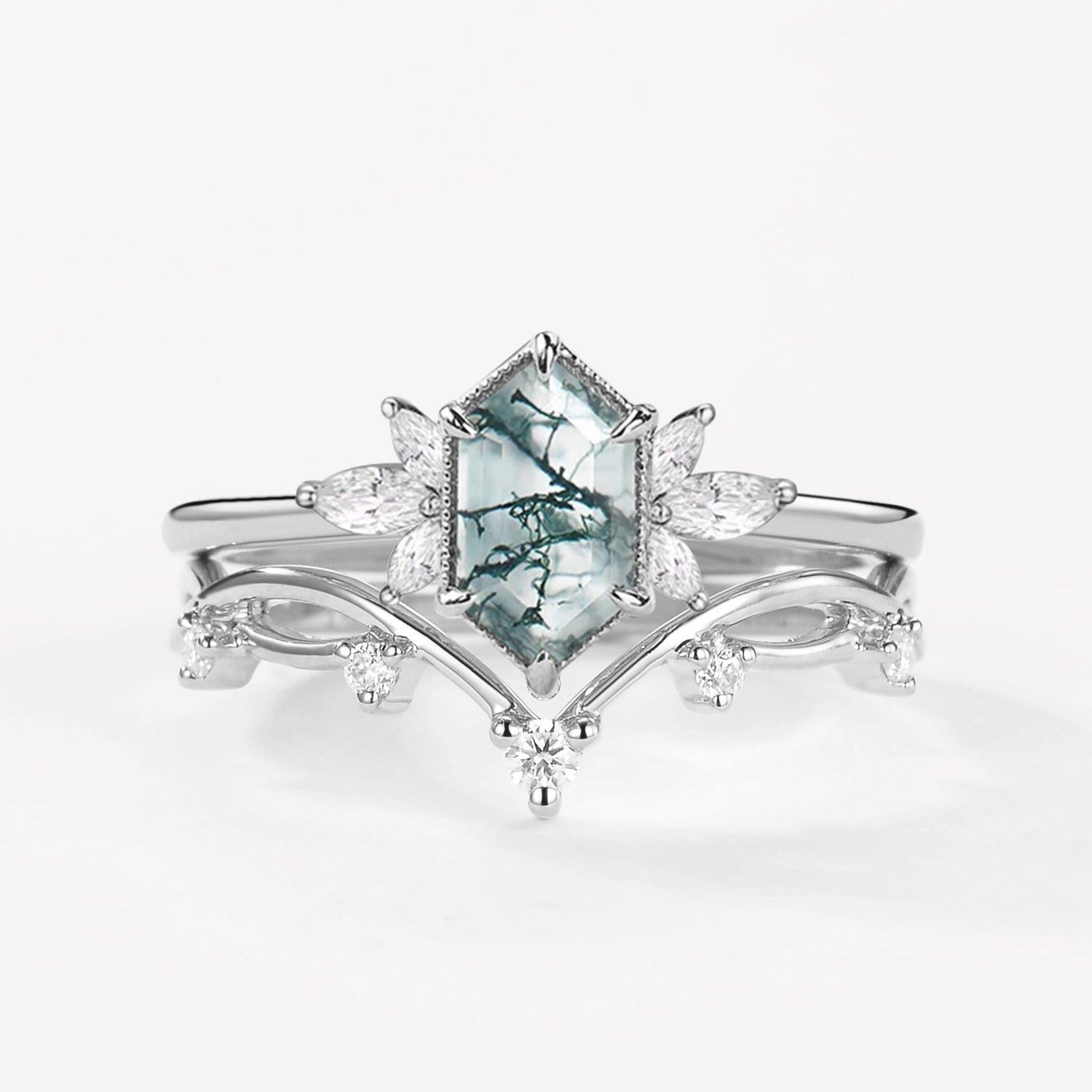 Fairy 1.5ct Hexagon Moss Agate Floral Inspired Ring Set 2PCS.