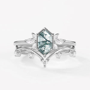 Fairy 1.5ct Hexagon Moss Agate Floral Inspired Ring Set 2PCS.