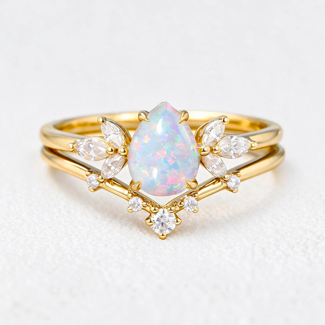 Ophelia’s Mirage | Pear Opal with Moissanite Wings Bridal Duo
