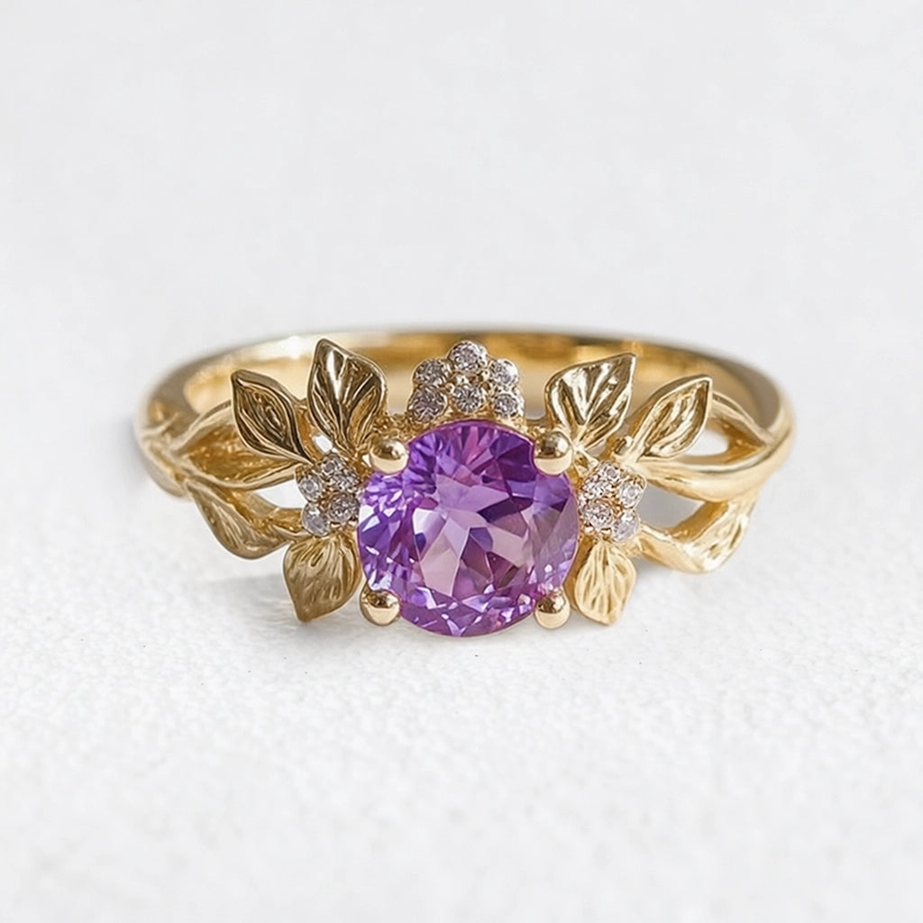 Elena’s Violet | Round Amethyst Floral Engagement Ring.