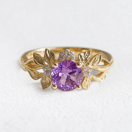 Elena’s Violet | Round Amethyst Floral Engagement Ring.