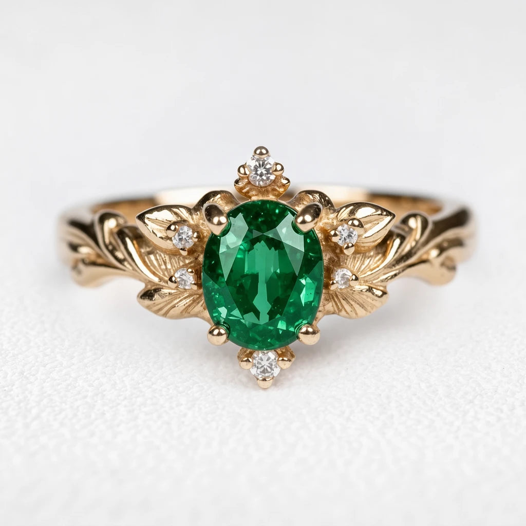 Aurora‘s Verdure | 1.5CT Oval Emerald Vintage Engagement Ring