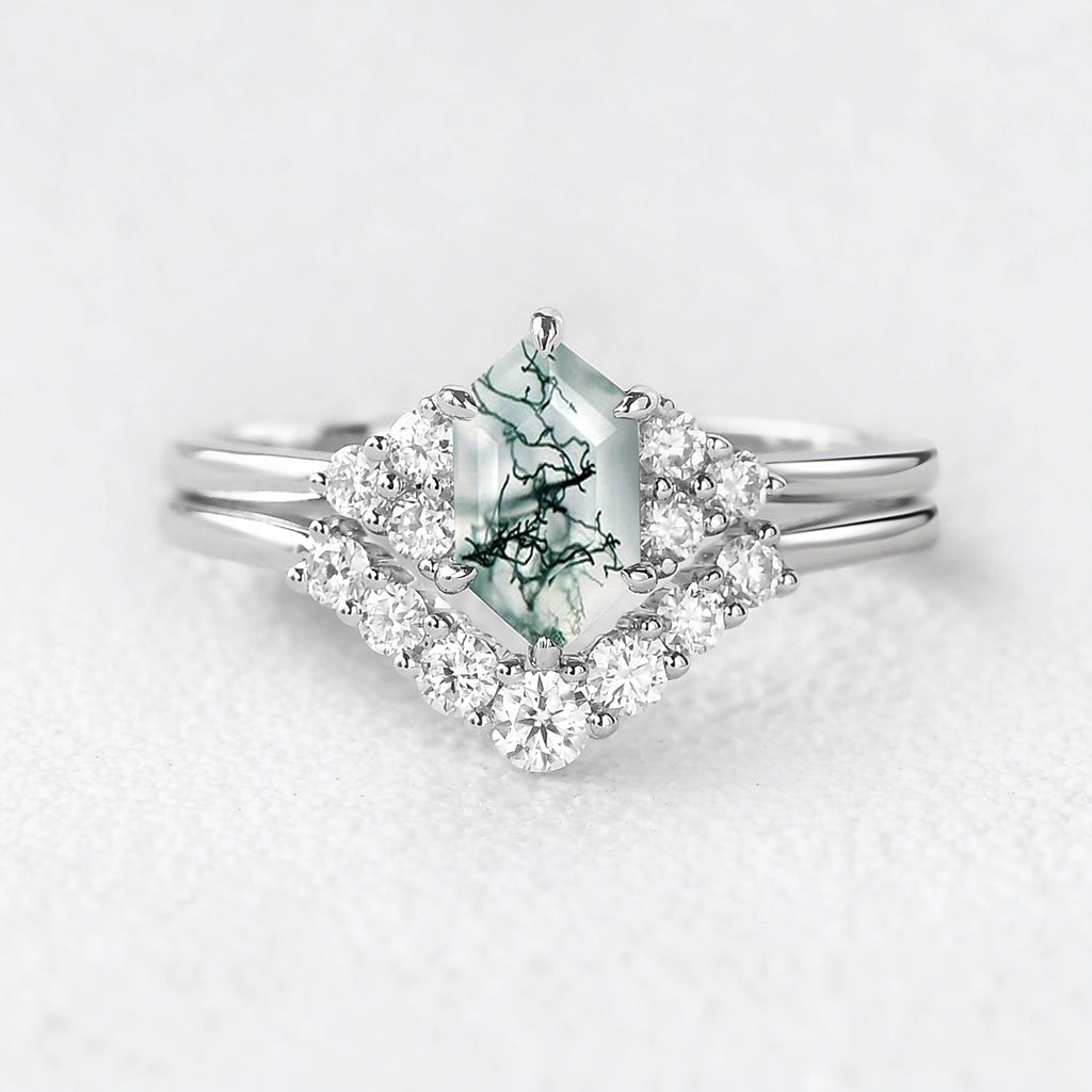 Elara’s Drift | Long Hexagon Moss Agate Stacking Ring Set 2pcs.