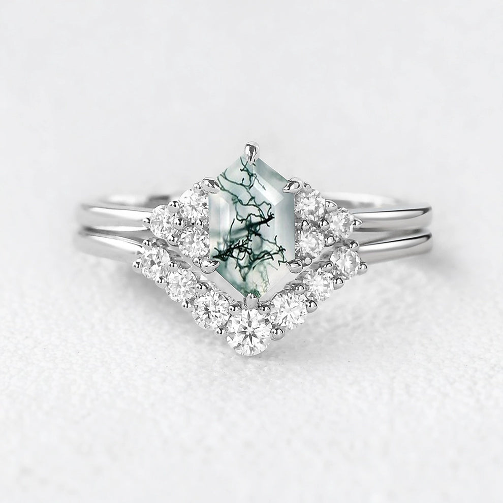 Elara’s Drift | Long Hexagon Moss Agate Stacking Ring Set 2pcs.
