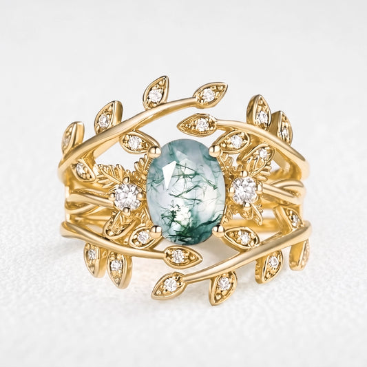 Joséphine’s Malmaison | Oval Cut Moss Agate Foliage Enhancer Bridal Set 2pcs