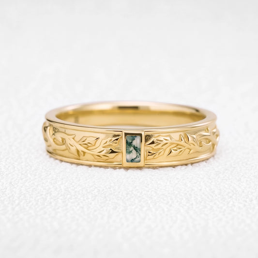 Orion’s Keystone | Baguette-Cut Moss Agate Men’s Band