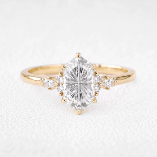 Ariadne’s Lumière | Hexagon Fantasy-Cut White Sapphire Cluster Engagement Ring