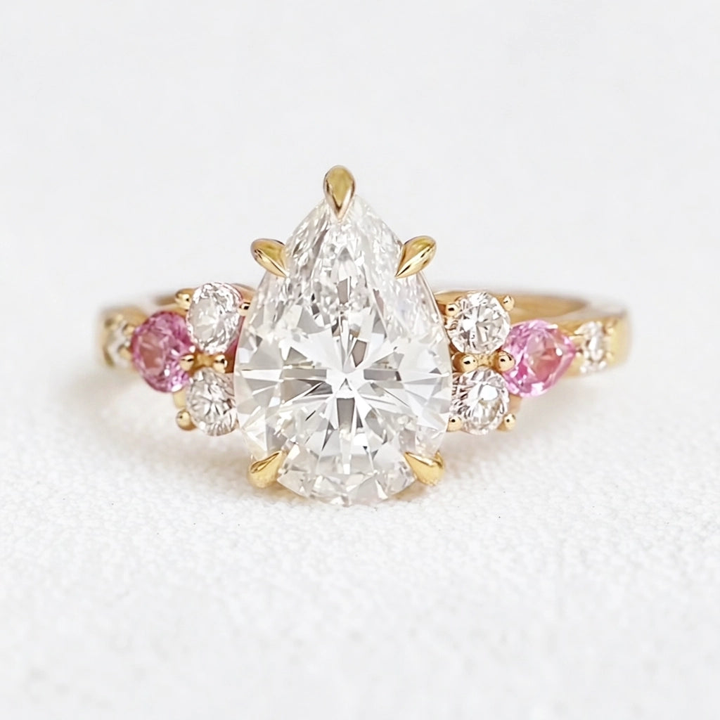 Aurora’s Embrace | Vintage 2CT Pear Cut Diamond Twin Trio Engagement Ring.