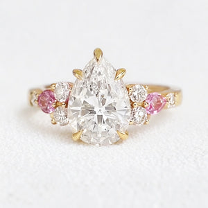 Aurora’s Embrace | Vintage 2CT Pear Cut Diamond Twin Trio Engagement Ring.