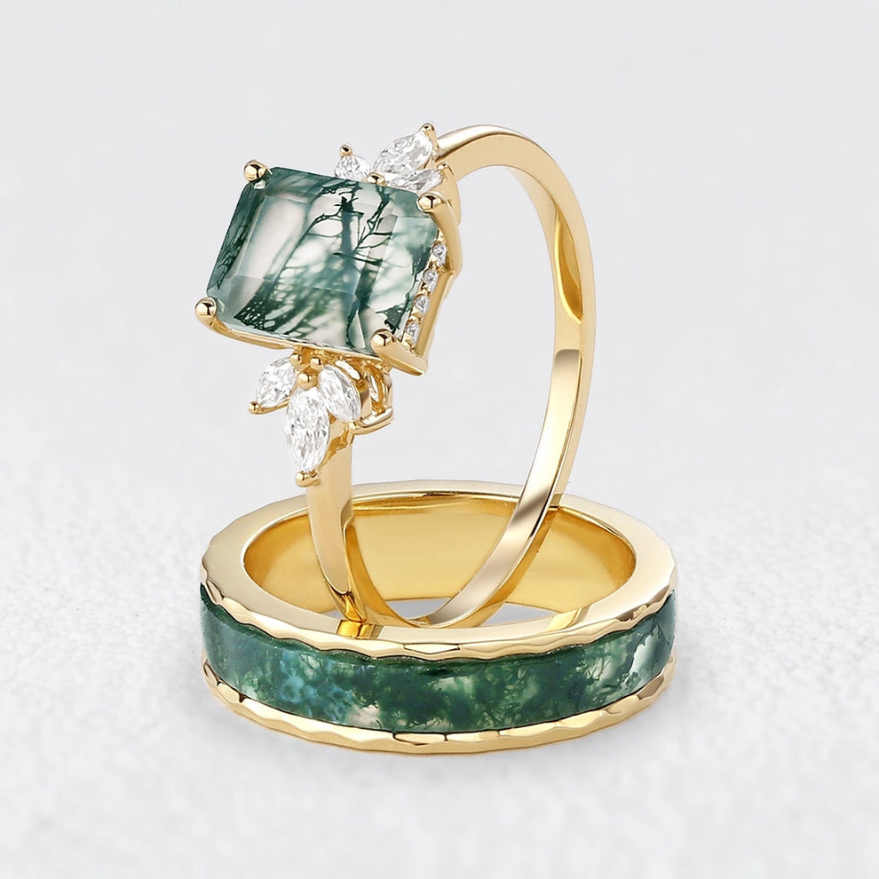 Flora’s Terrace | Emerald Cut Moss Agate Yellow Gold Couple Ring Set 2pcs.