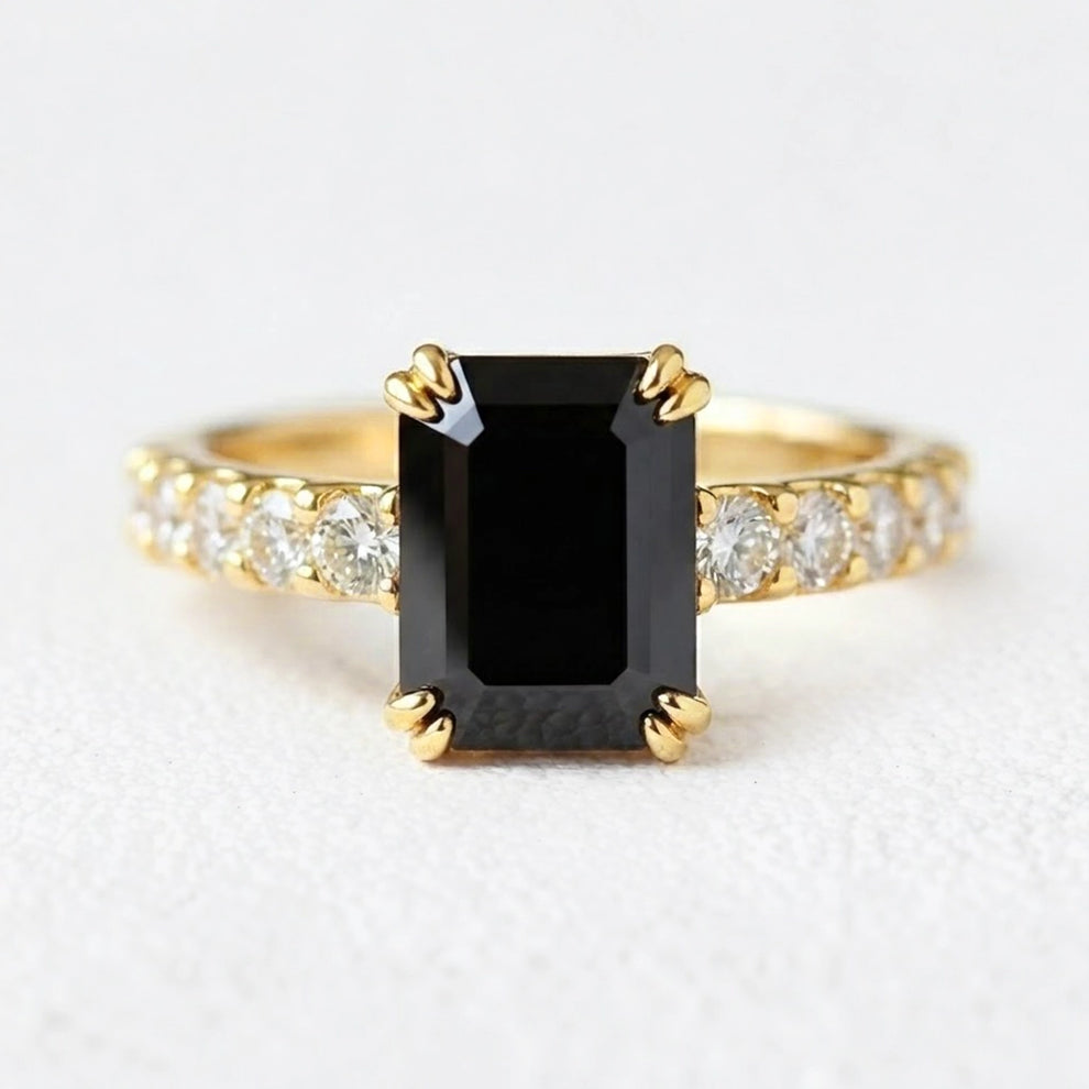 Selene’s Shadow | 3CT Emerald Cut Onyx Engagement Ring