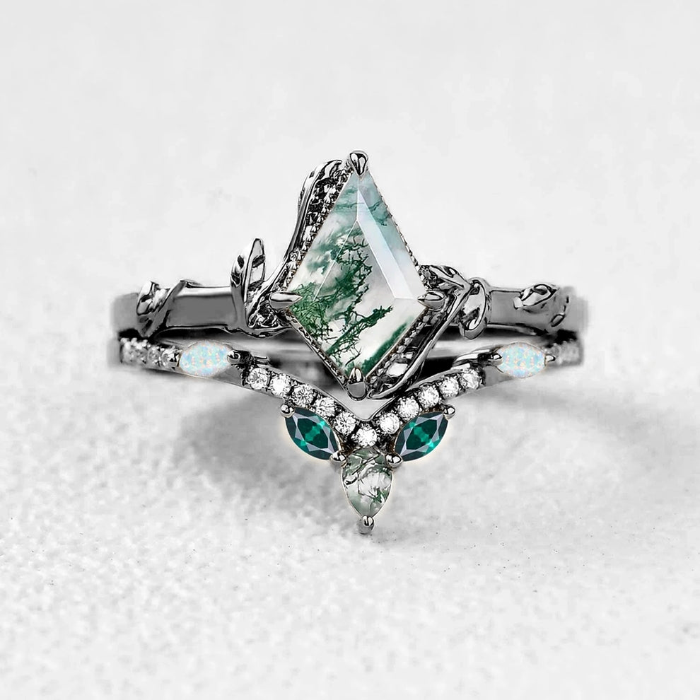 Sylvie’s Lark | Kite Cut Moss Agate, Opal & Emerald Leafy Bridal Set 2 pcs.