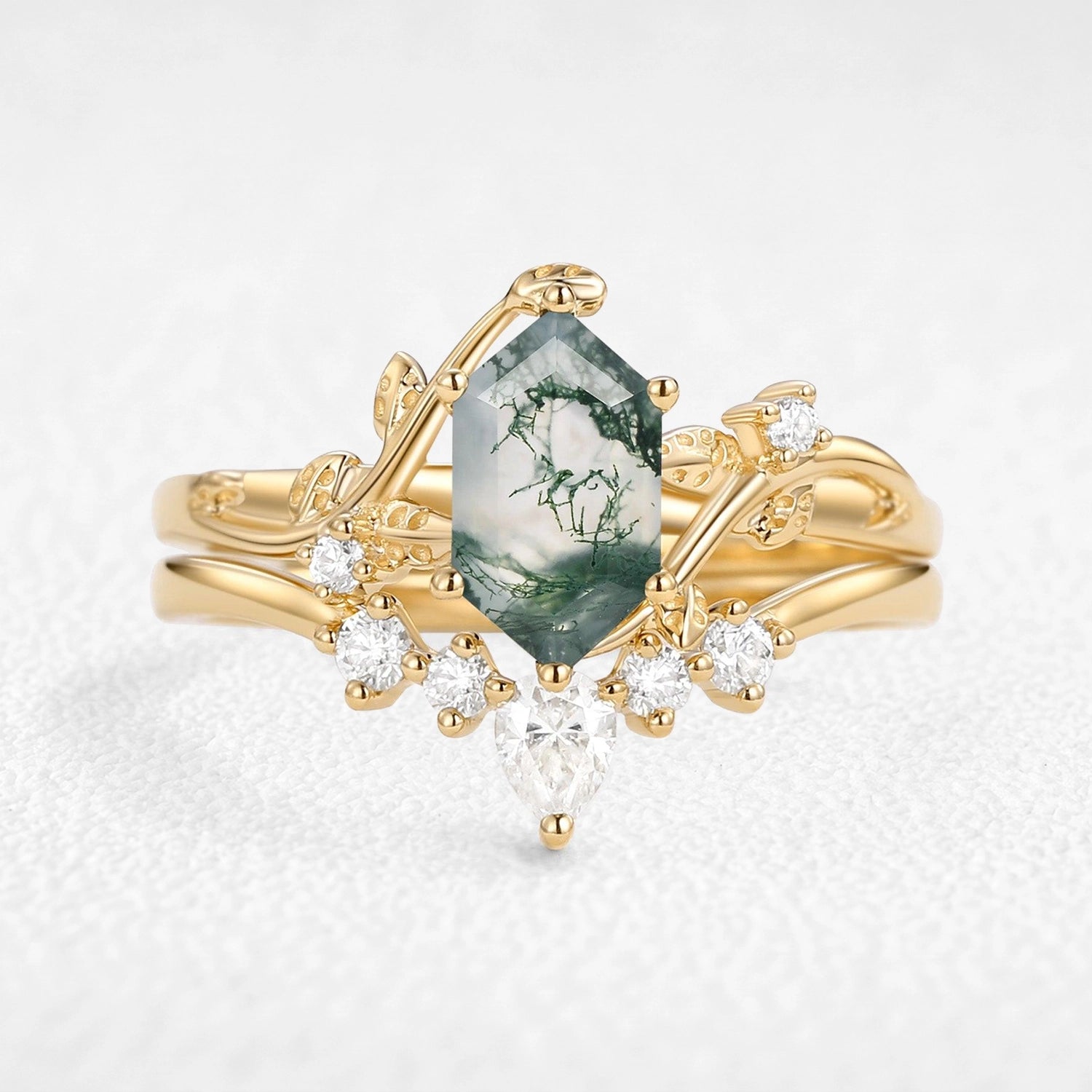 Olive’s Glade | Hexagon Cut Moss Agate Foliage Bridal Duo