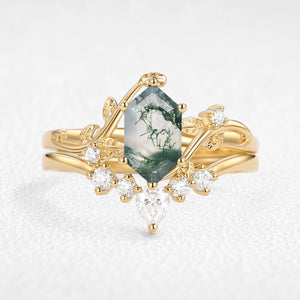 Olive’s Glade | Hexagon Cut Moss Agate Foliage Bridal Duo