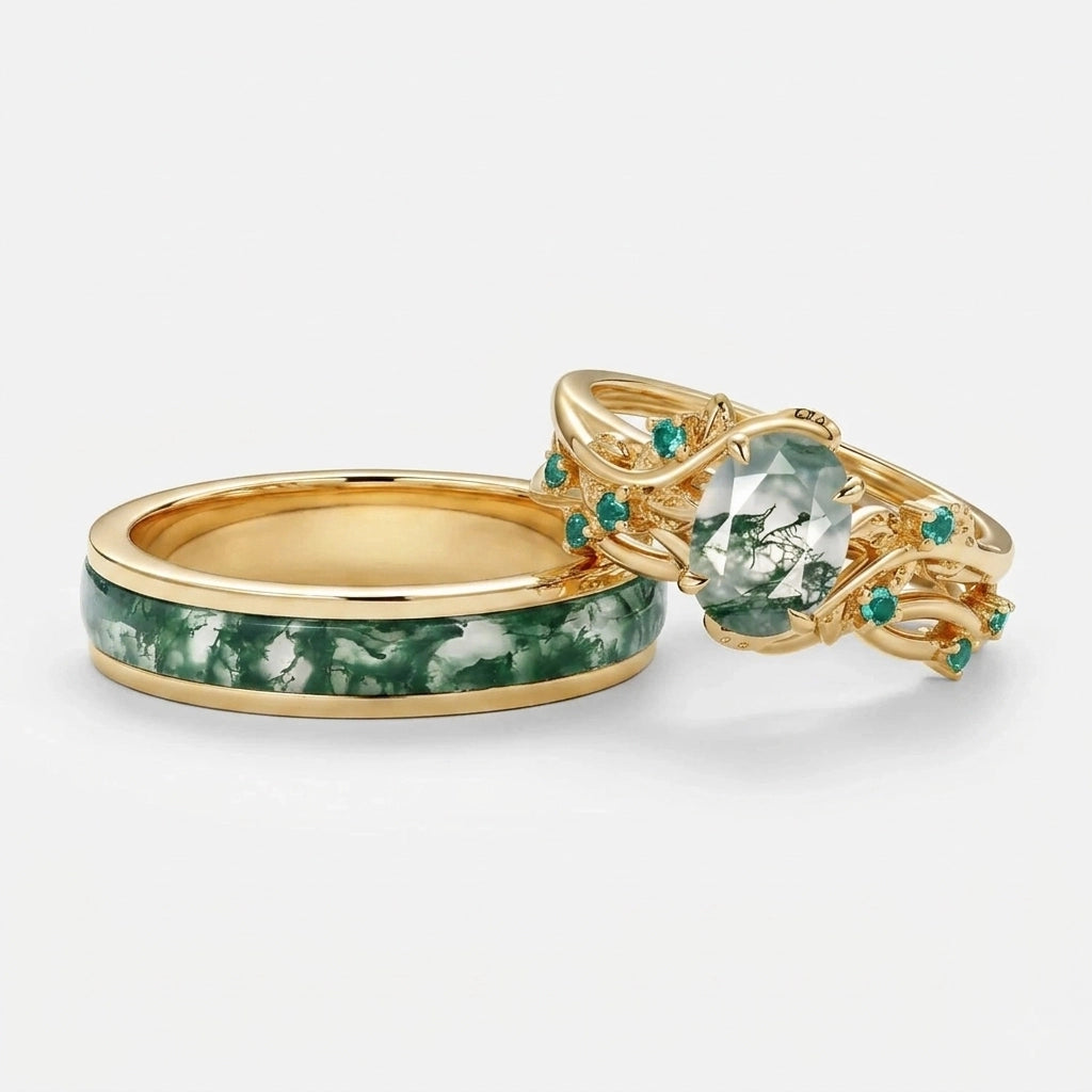 Evergreen Vows | Oval Moss Agate Leaf Veil Black Gold Couple Set 3pcs.