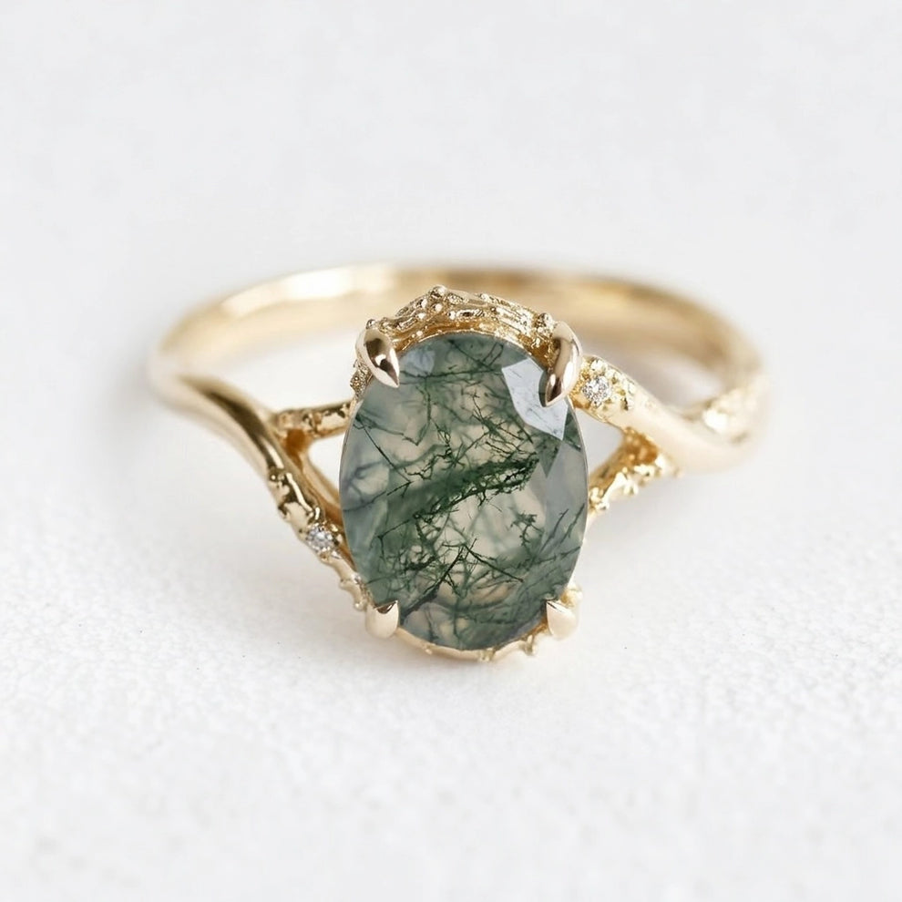 Mirelle's Glade | Oval Moss Agate Engagement Ring.