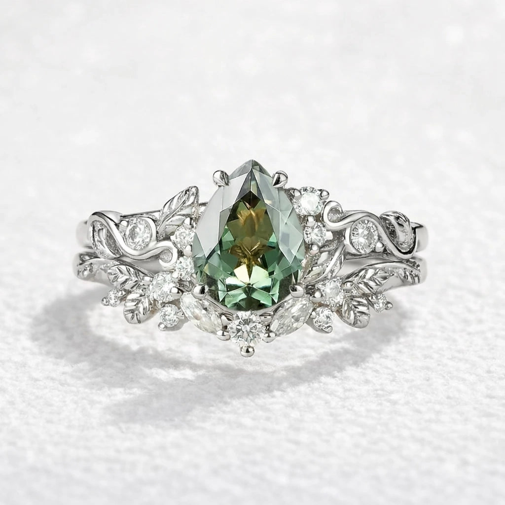 Sylvie’s Vine | Vintage Green Sapphire & Leaf Bridal Set 2pcs