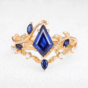 Penelope’s Veil | 1CT Kite Cut Blue Sapphire Foliage Bridal Duo