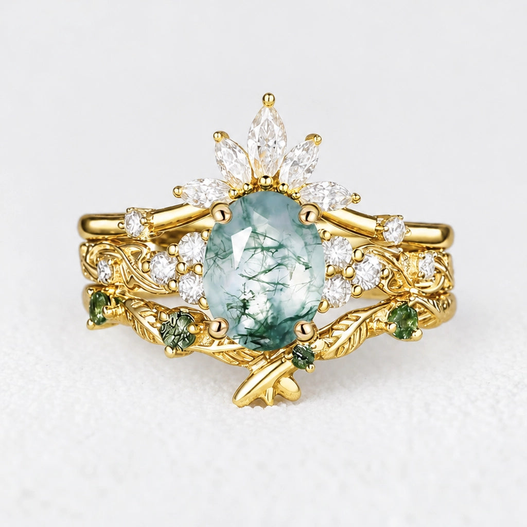 Nature Inspired Oval Cut Moss Agate Cluster Leafy Bridal Set