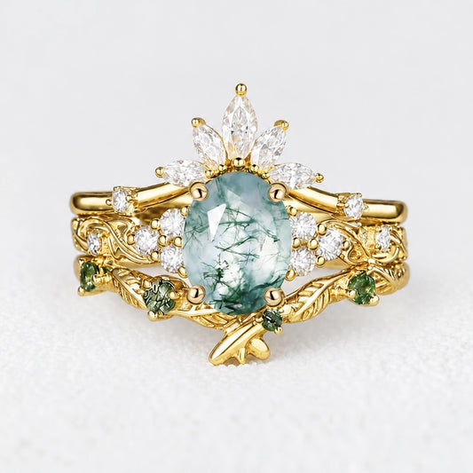 Nature Inspired Oval Cut Moss Agate Cluster Leafy Bridal Set