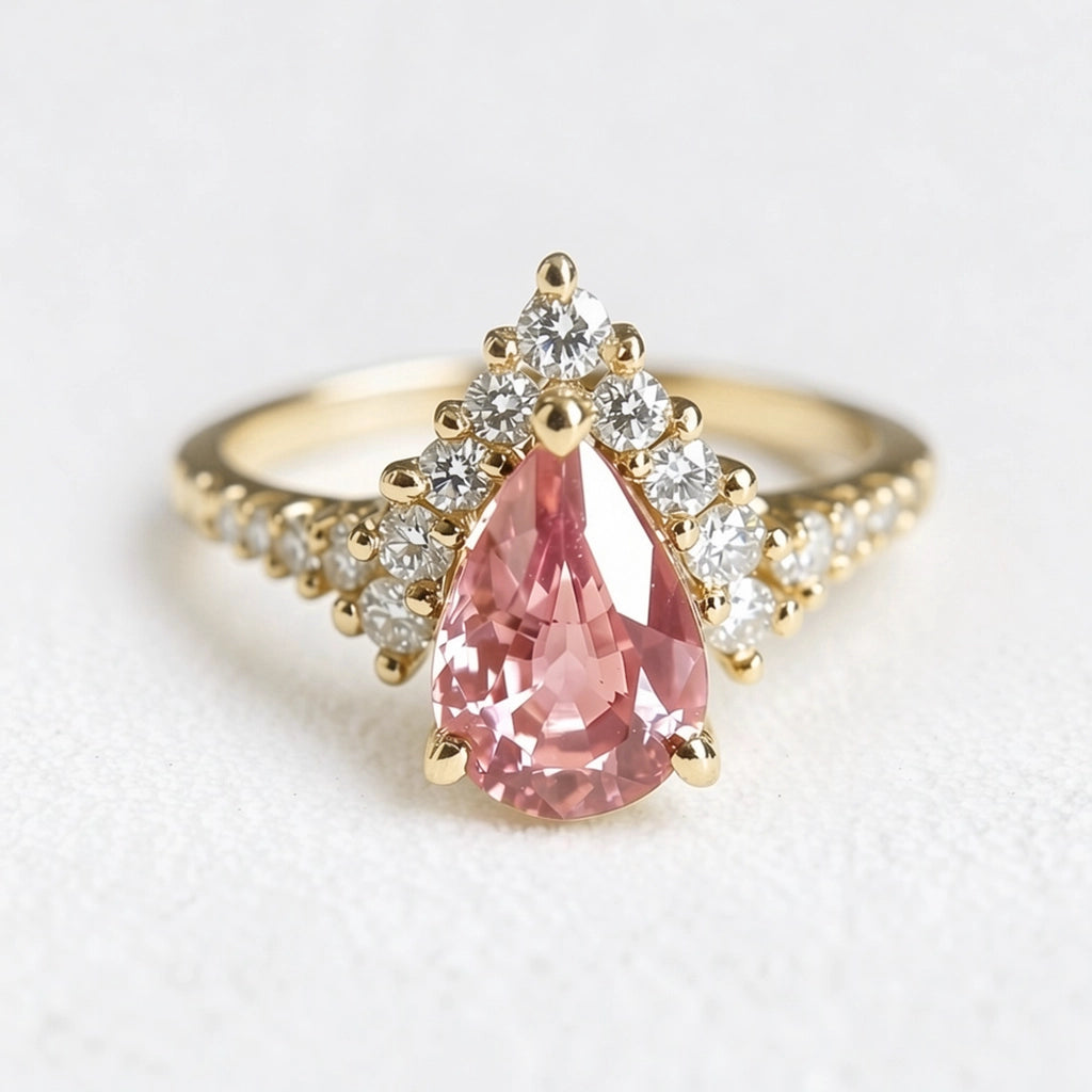 Aurora’s Promise |  Pear Cut Pink Sapphire Halo Engagement Ring.