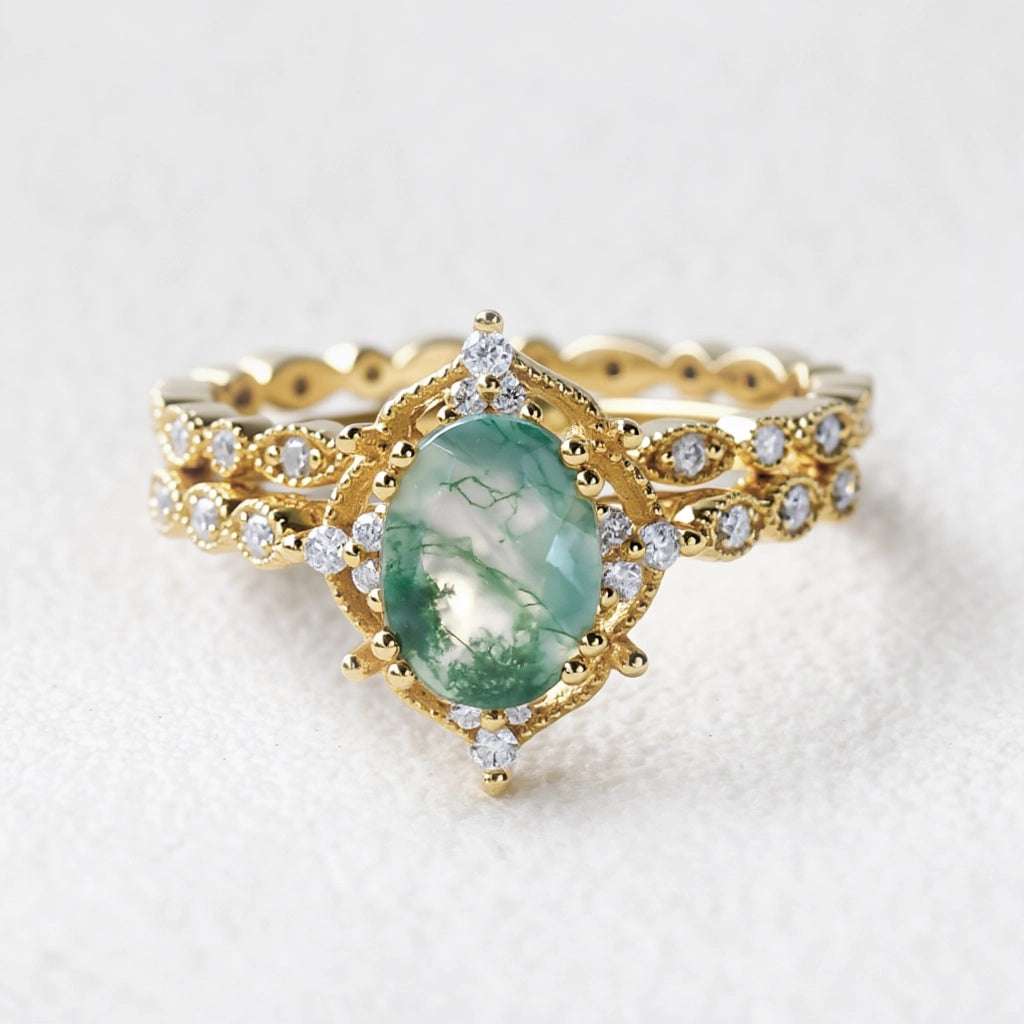 Camellia’s Cameo | Oval Moss Agate Cluster Vintage Bridal Set 2pcs.