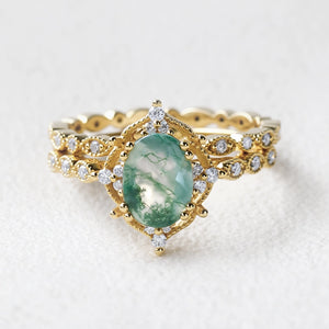 Camellia’s Cameo | Oval Moss Agate Cluster Vintage Bridal Set 2pcs.