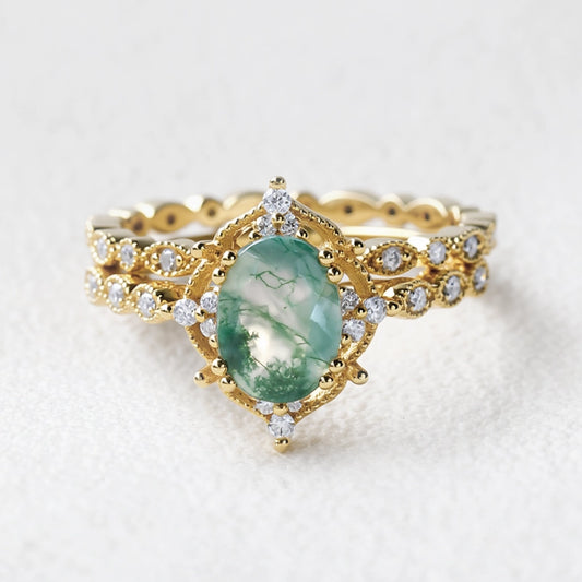 Camellia’s Cameo | Oval Moss Agate Cluster Vintage Bridal Set 2pcs.