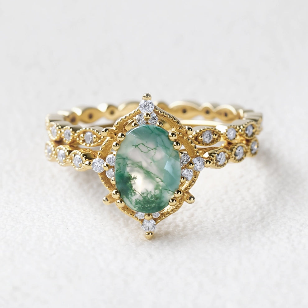 Camellia’s Cameo | Oval Moss Agate Cluster Vintage Bridal Set 2pcs.