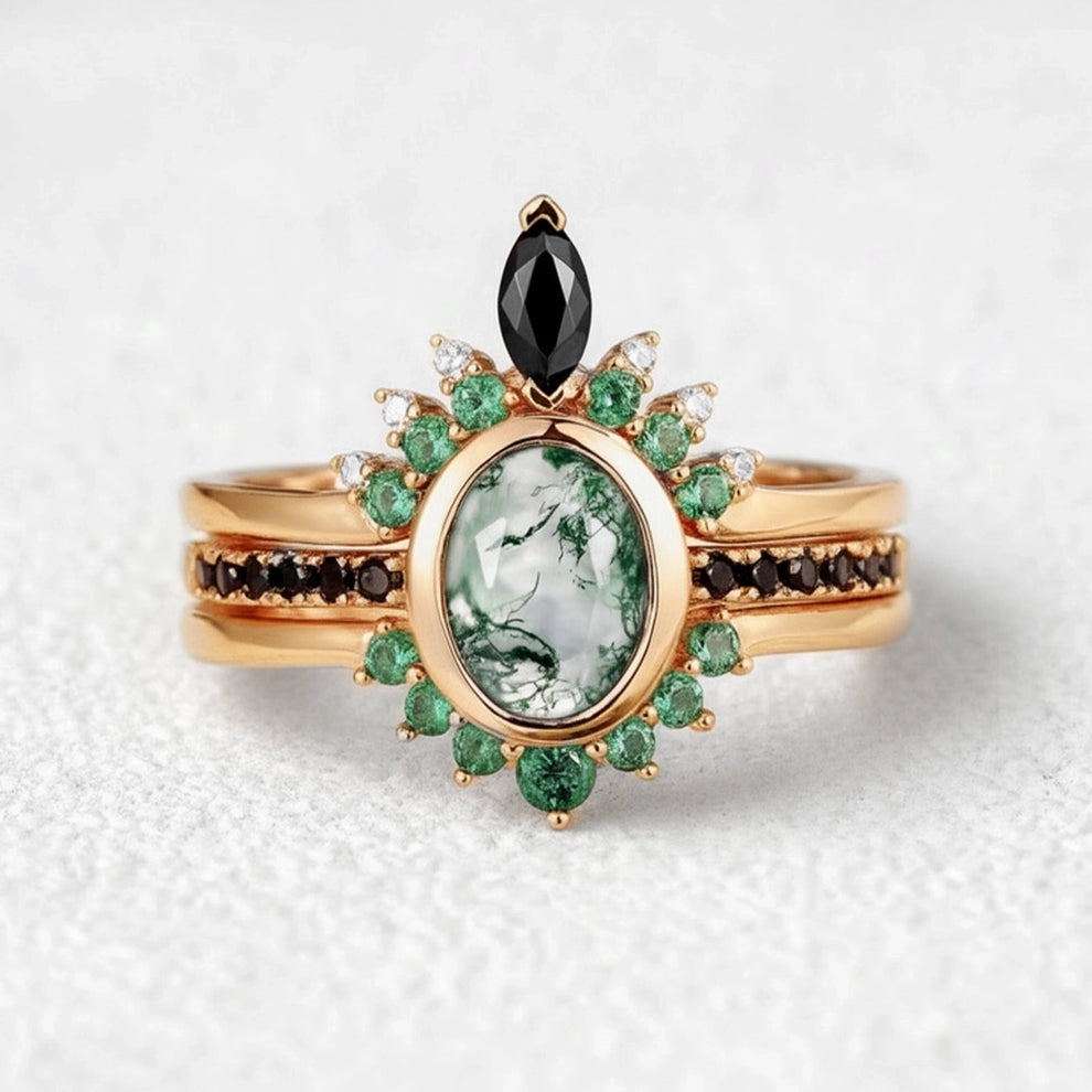 Unique Oval cut Moss Agate Leaf and Vine Promise Ring Set 3pcs.