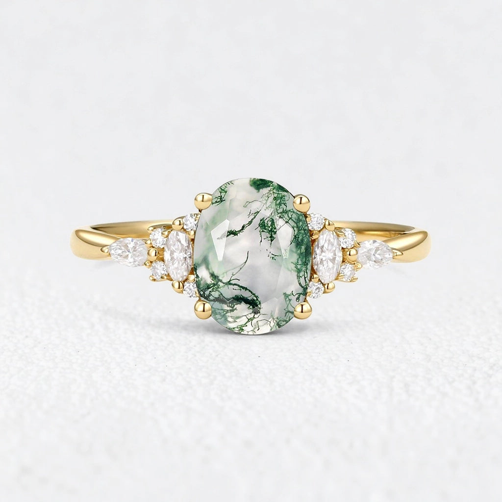 Sylvie’s Dew | Classic Oval Moss Agate Engagement Ring with Diamond Accents