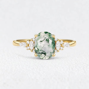 Sylvie’s Dew | Classic Oval Moss Agate Engagement Ring with Diamond Accents