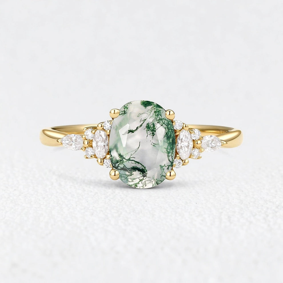 Sylvie’s Dew | Classic Oval Moss Agate Engagement Ring with Diamond Accents