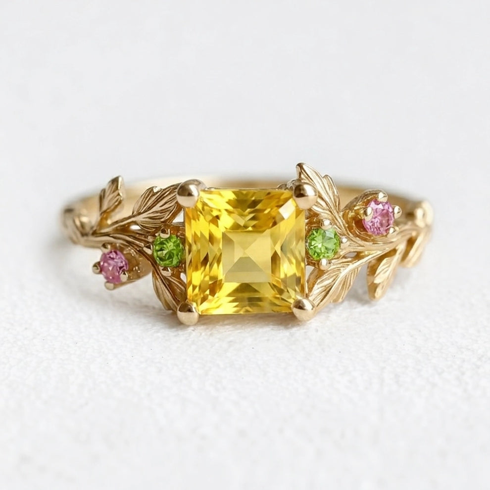 Aurora’s Radiance | Princess Cut Yellow Sapphire Leafy Engagement Ring.