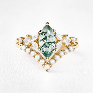 Diana’s Whisper | Marquise Moss Agate & Pearl Chevron Bridal Duo