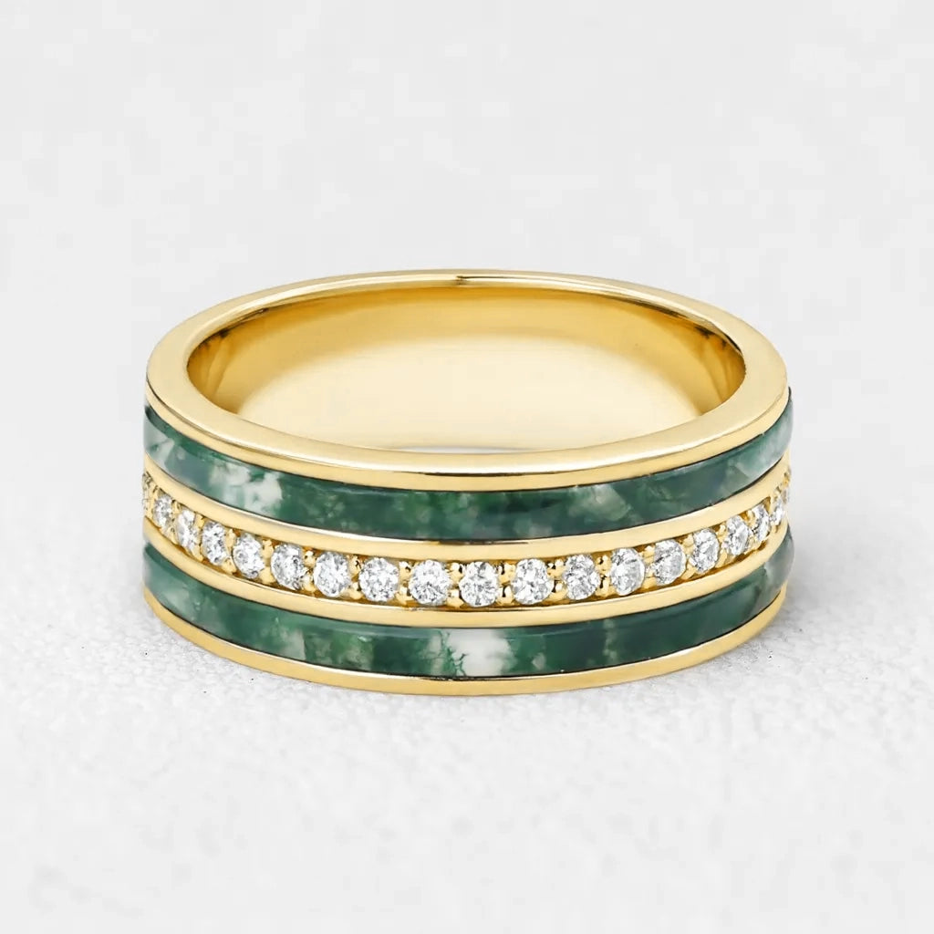 Atlas Keystone | 8MM Wide Moss Agate & Diamond Men's Wedding Band.