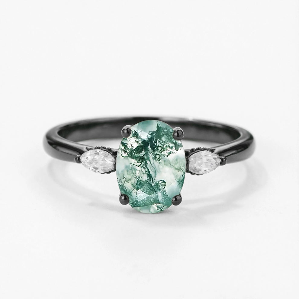 Elara’s Trio | Oval Moss Agate Hidden Halo Engagement Ring.