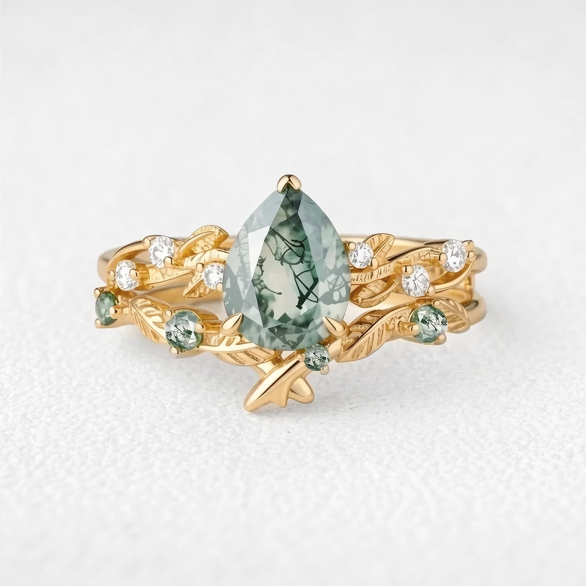 Clarissa’s Frond | Pear Cut Moss Agate Leafy Bridal Set 2pcs