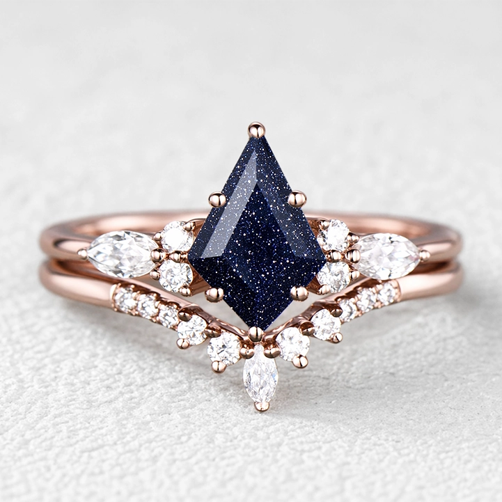 Stella’s Spark | Kite Cut Blue Sandstone & Marquise Moissanite Bridal Set 2pcs.