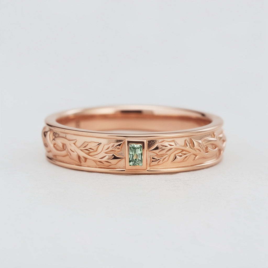 Mistletoe Forge | Bezel Baguette Green Sapphire Men's Wedding Band.
