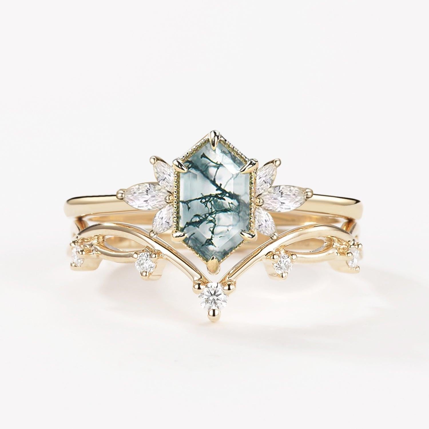 Fairy 1.5ct Hexagon Moss Agate Floral Inspired Ring Set 2PCS.
