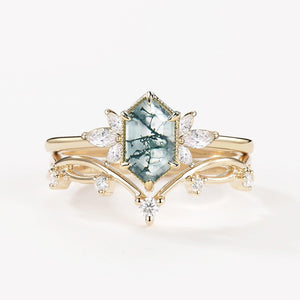 Fairy 1.5ct Hexagon Moss Agate Floral Inspired Ring Set 2PCS.