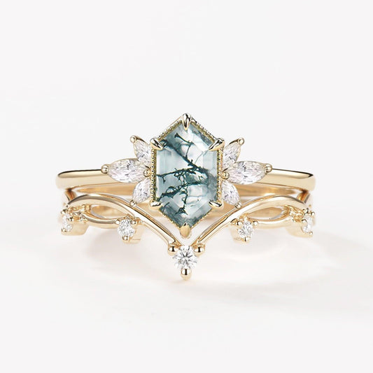 Fairy 1.5ct Hexagon Moss Agate Floral Inspired Ring Set 2PCS.