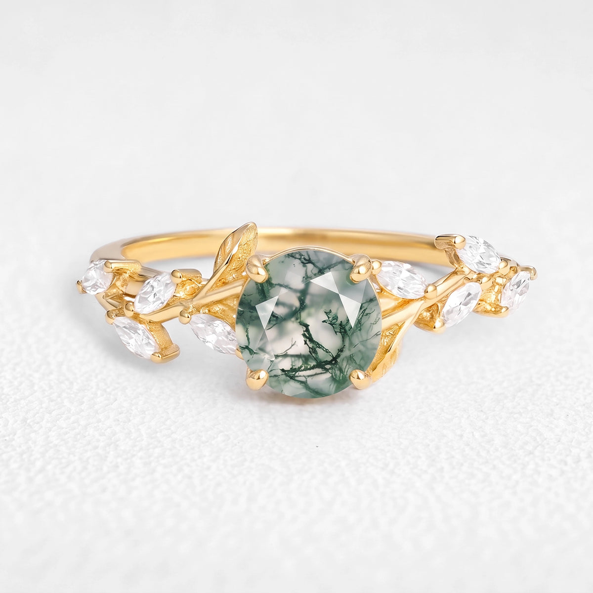Celandine’s Tendril | Round Cut Moss Agate Vine Engagement Ring