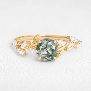 Celandine’s Tendril | Round Cut Moss Agate Vine Engagement Ring