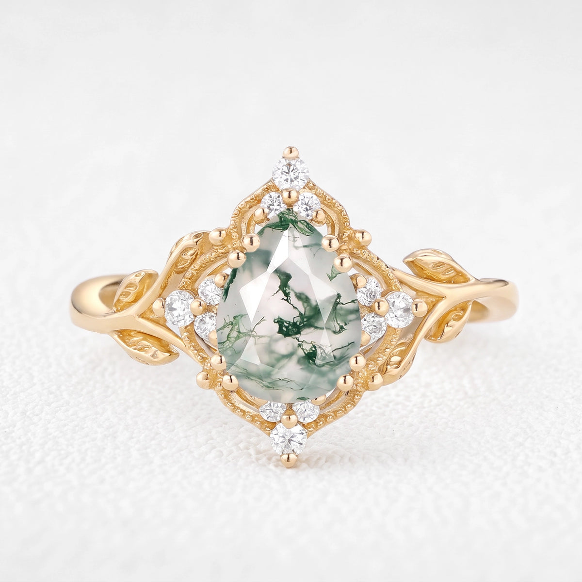 Alexandra’s Verdure | Pear-Cut Moss Agate Foliage Vintage Engagement Ring